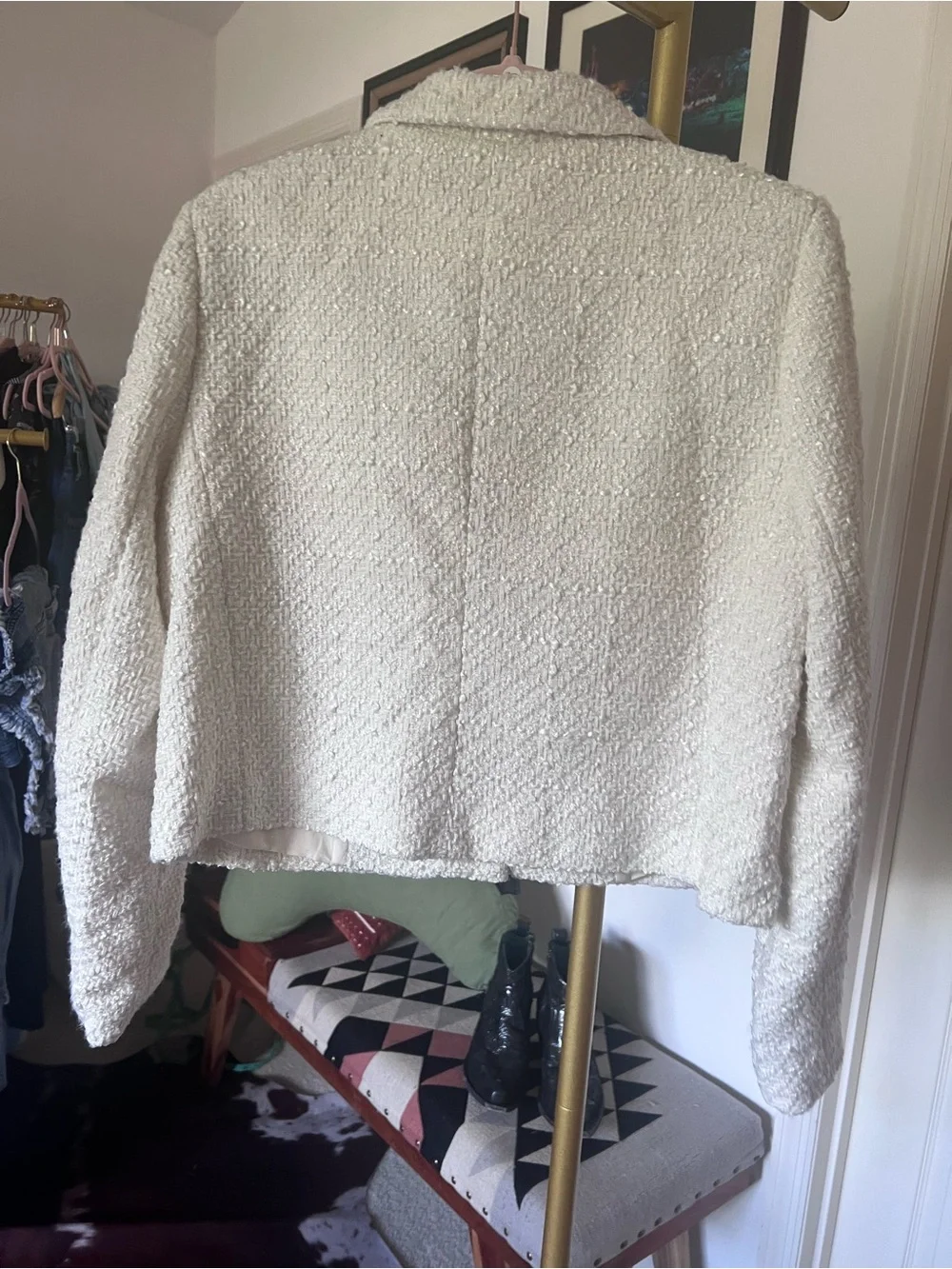 Rachel Zoe Ivory Bouclé Tweed Pocket Gold Button Jacket MED NWOT